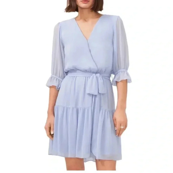 Halogen Tiered Ruffle Blue Mini Dress Balloon Sleeve Womens XS NWT Flawed - Picture 1 of 14